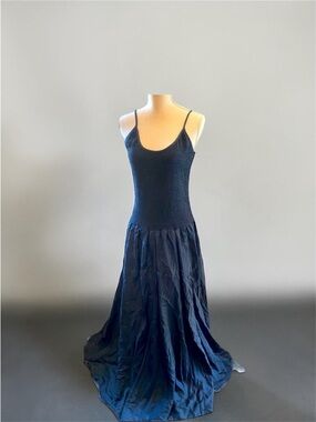 Gunmetal blue elegant silk dress full skirt with smocked tank style top. NWOT